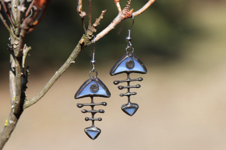 earrings fish blue - historical glass