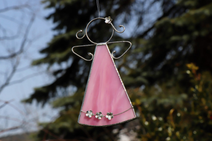 pink angel with flowers  - historical glass